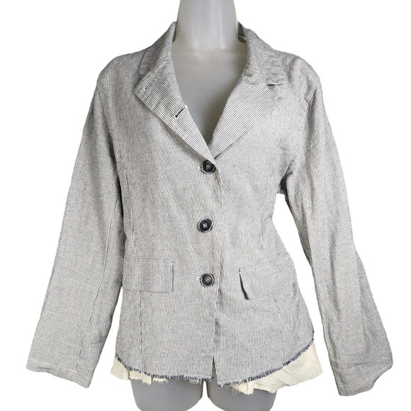 Amici by Baci Jackets & Blazers - AMICI by Baci Large Womens Cotton Linen Blue White Striped Full Button Blazer